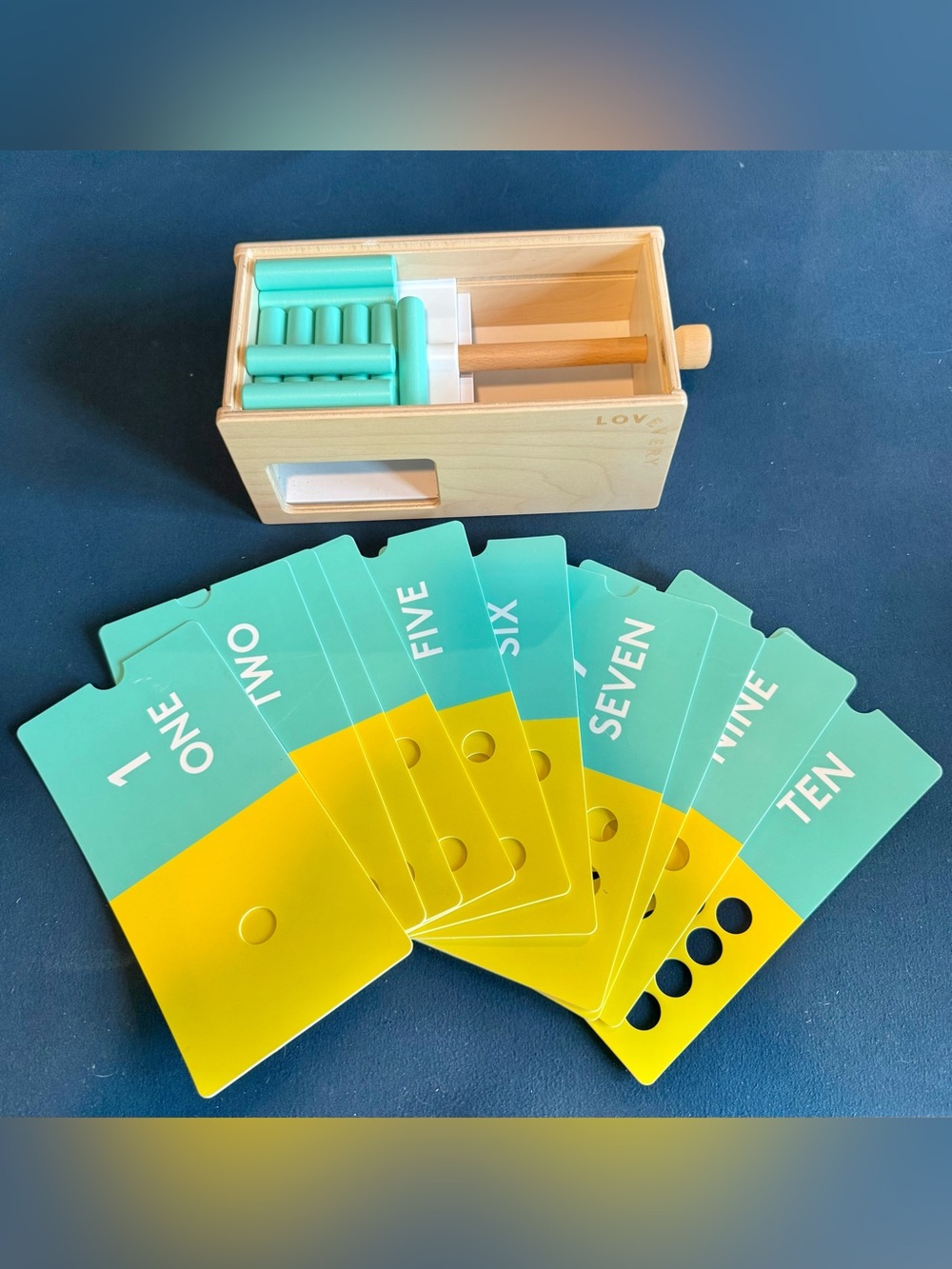 LOVEVERY Counting Box with Teal & Yellow Number Cards and Pegs